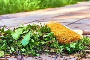 Gelb Plastik Mopp fegen Müll im das Hof foto