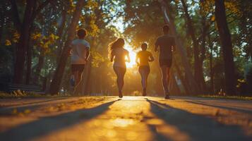 ai generiert Gruppe von Menschen Laufen durch Park beim Sonnenuntergang foto