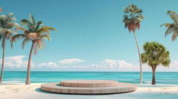 ai generiert hölzern Deck mit Blick auf Ozean mit Palme Bäume foto