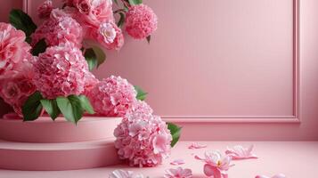 ai generiert Rosa Tabelle einstellen mit Blumen und Platten foto