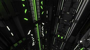 Aufzug Gang im das Gebäude zündete durch Grün Erleuchtung. Animation. fliegend durch futuristisch Aufzug Welle, nahtlos Schleife, abstrakt technologisch Hintergrund. foto