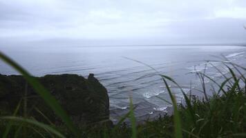 Aussicht mit schön Grün Gras auf Cliff von Meer Küste. Clip. Landschaft von felsig Küste mit Grün Gras und Meer Horizont auf wolkig Tag. Aussicht von Berg Küste zu schön Wellen auf Sommer- Tag foto