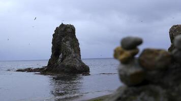 Steine auf Ufer gegen Hintergrund von Cliff im Meer. Clip. gestapelt Steine auf Felsen Hintergrund mit fliegend Möwen im wolkig Wetter. Türme von Steine auf Ufer beim Meer Cliff mit Möwen foto