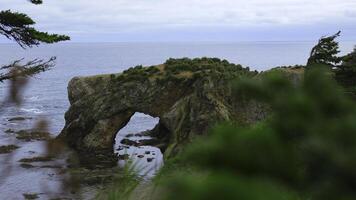 tolle Bogen im Felsen auf Strand. Clip. schön Seelandschaft mit felsig Bogen auf Ufer. malerisch Aussicht von Felsen mit Bogen in Meer auf wolkig Sommer- Tag foto