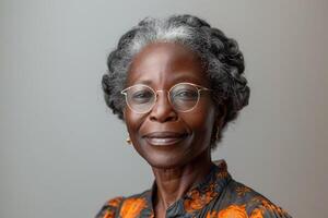 ai generiert Porträt von lächelnd Senior afrikanisch Frau tragen Brille auf ein solide grau Hintergrund foto