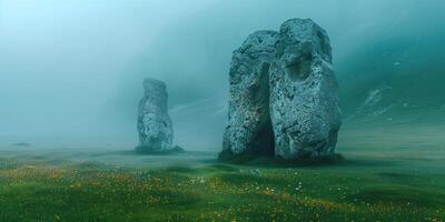 ai generiert uralt Megalith Steine auf ein nebelig Morgen auf ein Wiese im Berg Senke foto
