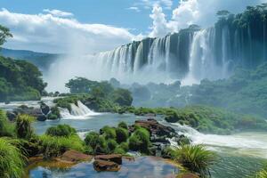 ai generiert tropisch Landschaft mit Blick auf ein enorm Wasserfall foto