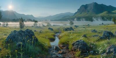 ai generiert schön Landschaft von Senke im vulkanisch Region mit Geysir und Thermal- Federn foto