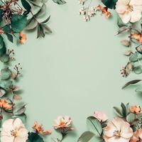 ai generiert Blumen botanisch Rahmen auf Olive Pastell- Hintergrund foto