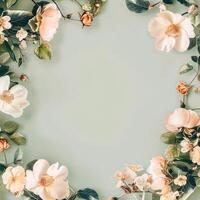 ai generiert Blumen botanisch Rahmen auf Olive Pastell- Hintergrund foto