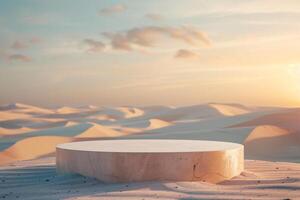 ai generiert Produkt Podium Präsentation mit Wüste Sand Dünen Hintergrund foto