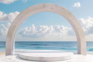 ai generiert Produkt Podium Anzeige mit schön Sand Strand Tageslicht Zeit zum Werbung ai generiert foto