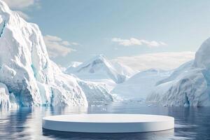 ai generiert Produkt Podium Bühne Präsentation mit Gletscher Hintergrund zum Werbung foto