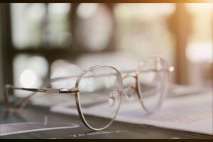 Brille auf Tisch, progressiv Linsen, Brille zum das Alten, Brille progressiv Linse, Brille progressiv Linse mit Sonnenlicht, Nahansicht von Brille auf verwischen Hintergrund, suchen durch Brille foto