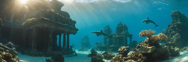 ai generiert Panorama- Aussicht von unter Wasser uralt Ruinen. Delfin Schwimmen um foto