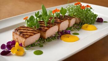 ai generiert gegrillt Thunfisch Steak auf ein Weiß Teller dekoriert mit essbar Blumen. foto