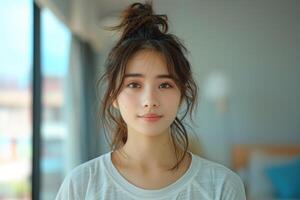 ai generiert Porträt von asiatisch Erwachsene schön Mädchen Weiß Hemd gerade wachte auf oben beim Zuhause foto