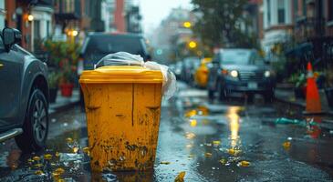 ai generiert Gelb Müll können und Müll Taschen auf das Straße nach Regen foto