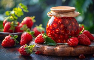 ai generiert Erdbeere Marmelade im Glas Krug und frisch Erdbeeren auf dunkel hölzern Tabelle foto