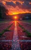 ai generiert Spur und Feld beim Sonnenuntergang. ein Sonnenuntergang auf ein Spur beim Abonnieren Löwen Fußball Stadion foto