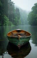 ai generiert alt hölzern Rudern Boot auf See im das Wald foto