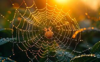 ai generiert Spinne auf das Netz beim Sonnenaufgang foto