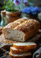 ai generiert hausgemacht Brot mit Sonnenblume Saat auf hölzern Tabelle foto