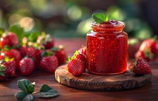 ai generiert Erdbeere Marmelade im Glas Krug und frisch Erdbeeren auf hölzern Tabelle foto