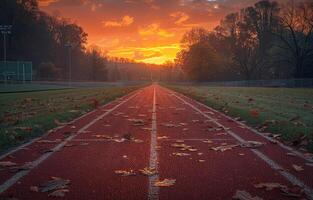 ai generiert Spur und Feld beim Sonnenaufgang. ein Sonnenuntergang auf ein Spur beim Abonnieren Löwen Fußball Stadion foto