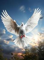 ai generiert kostenlos fliegend Weiß Taube. ein Weiß Taube mit Flügel fliegend im das Himmel foto