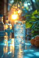 ai generiert Glas von Wasser mit Eis und Zitronen auf Tabelle im Restaurant foto