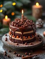 ai generiert Schokolade Kuchen mit Kerze auf dunkel Hintergrund foto