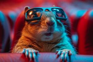 ai generiert komisch Eichhörnchen mit Brille Uhren Film. ein Chipmunk im das Kino Aufpassen ein Film foto