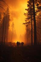 ai generiert Silhouette von Feuerwehrleute Kampf Lauffeuer foto