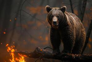 ai generiert wild braun Bär Stehen auf Baum im das Wald mit Feuer und Rauch auf das Hintergrund foto