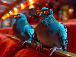 ai generiert zwei Tauben Sitzung auf rot Couch im 3d Brille foto