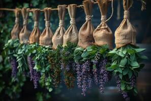 ai generiert frisch Kräuter hängend auf Seil im das Garten. natürlich Medizin foto