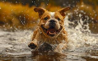 ai generiert glücklich Hund Laufen im das Wasser foto