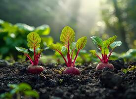 ai generiert Rettich Pflanze im das Gemüse Garten mit Sonnenlicht foto