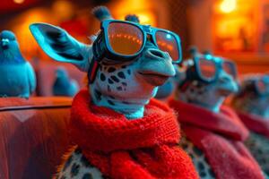 ai generiert Giraffen im Schal und Brille auf rot Hintergrund. ein Giraffe im das Kino Aufpassen ein Film foto