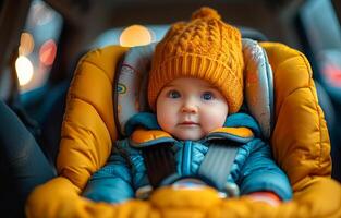 ai generiert süß wenig schön Baby Junge Sitzung im das Auto Sitz auf das zuerst Ausflug zu das Stadt foto