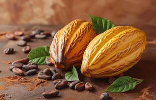 ai generiert Kakao Schoten und Kakao Bohnen auf braun Hintergrund foto