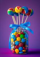 ai generiert bunt Süßigkeiten und Lutscher im Glas Krug auf lila Hintergrund foto