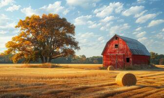 ai generiert rot Scheune und Heu Ballen sitzen im Feld auf sonnig Herbst Morgen. foto