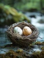 ai generiert zwei Eier im Nest auf Felsen im Fluss foto