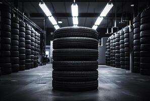 ai generiert Reifen zum Verkauf beim Reifen speichern. ein Stapel von Neu Reifen ist gestapelt hoch im das Garage foto