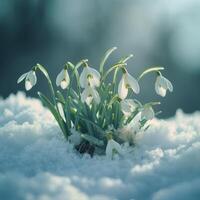 ai generiert schön Weiß Schneeglöckchen im das Schnee im das Strahlen von das Frühling Sonne foto