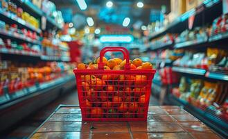 ai generiert rot Einkaufen Korb gefüllt mit Orangen im Supermarkt Gang foto