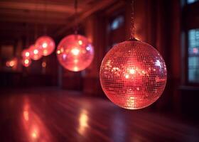 ai generiert Disko Ball im Nacht Verein. ein Spiegel Disko Ball auf Bokeh Beleuchtung Hintergrund foto