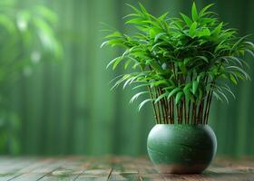 ai generiert Grün Bambus Pflanze im das Topf beim das hölzern Tabelle foto